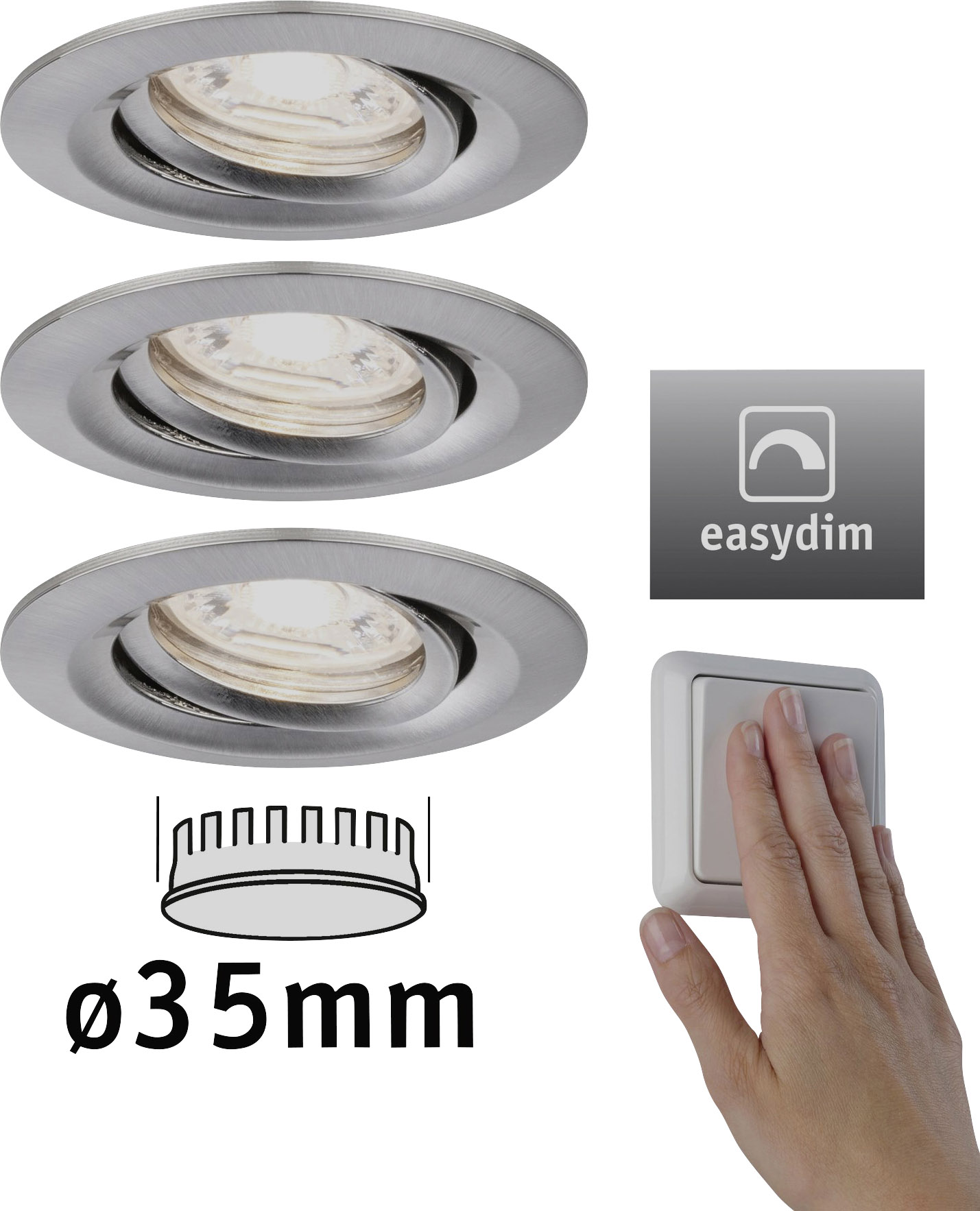 Inbouwverlichtingsset met Easydim-functie, drie ronde lampen, één hand bedient dimschakelaar, diameter 35 mm.