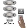 Inbouwverlichtingsset met Easydim-functie, drie ronde lampen, één hand bedient dimschakelaar, diameter 35 mm.