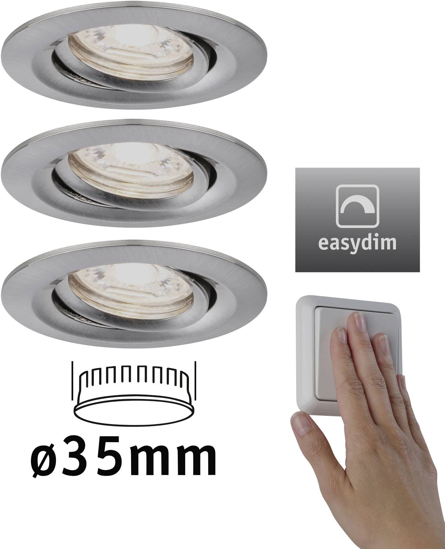 Drie plafondspots met 'easydim'-symbool. Een hand drukt op een lichtschakelaar. Diameter van de spots: 35 mm.