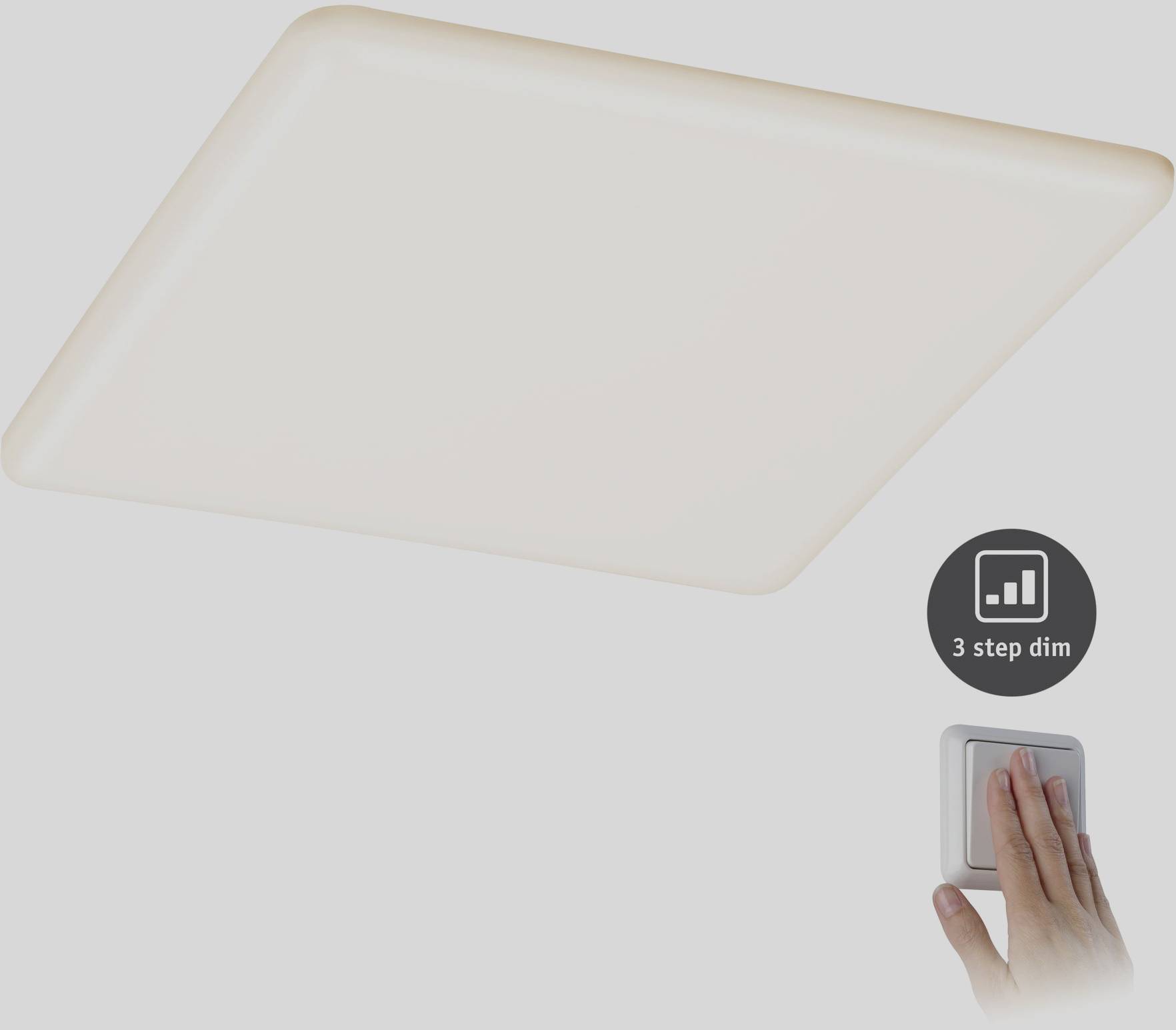 Een vierkante plafondlamp met instelbare helderheid in drie standen. Naast de lamp een hand die een lichtdimmer bedient.