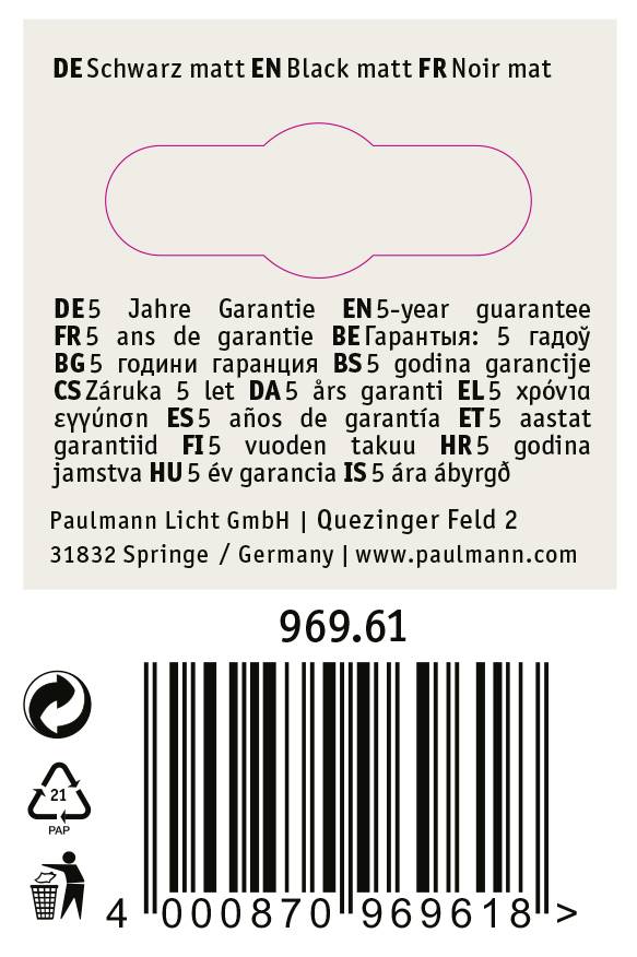 'Productlabel met garantieteksten in meerdere talen, contactgegevens van Paulmann Licht GmbH en barcode 969.61.'