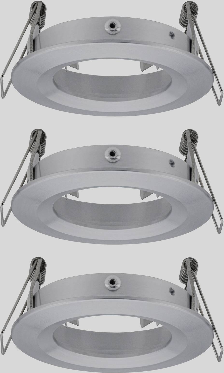 Drie zilveren inbouwframes voor LED-downlights, elk voorzien van veerklemmen voor eenvoudige montage in plafonds.