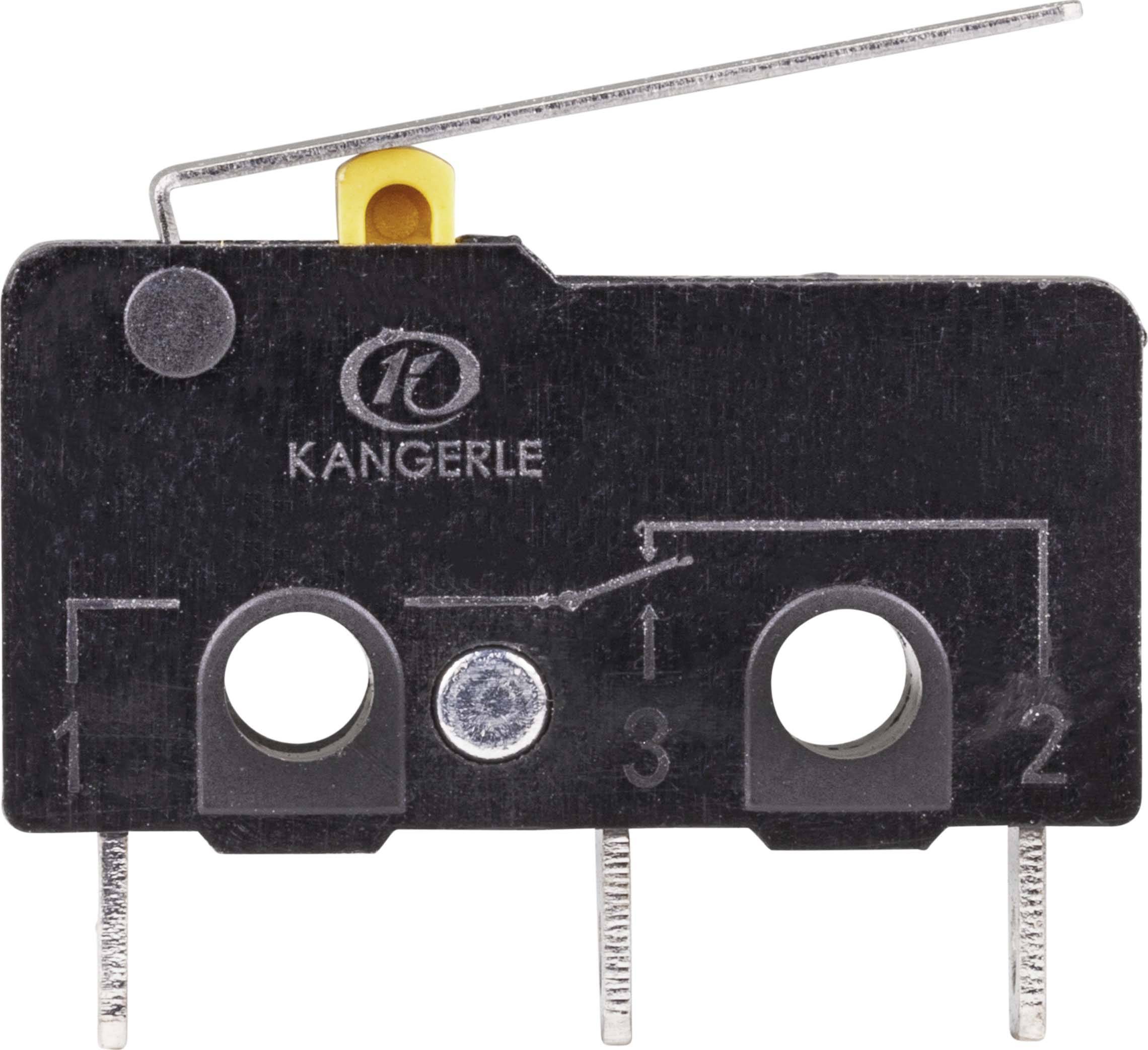 Een zwarte microsschakelaar met het opschrift 'KANGERLE', drie aansluitingen en een hendel rechtsboven.