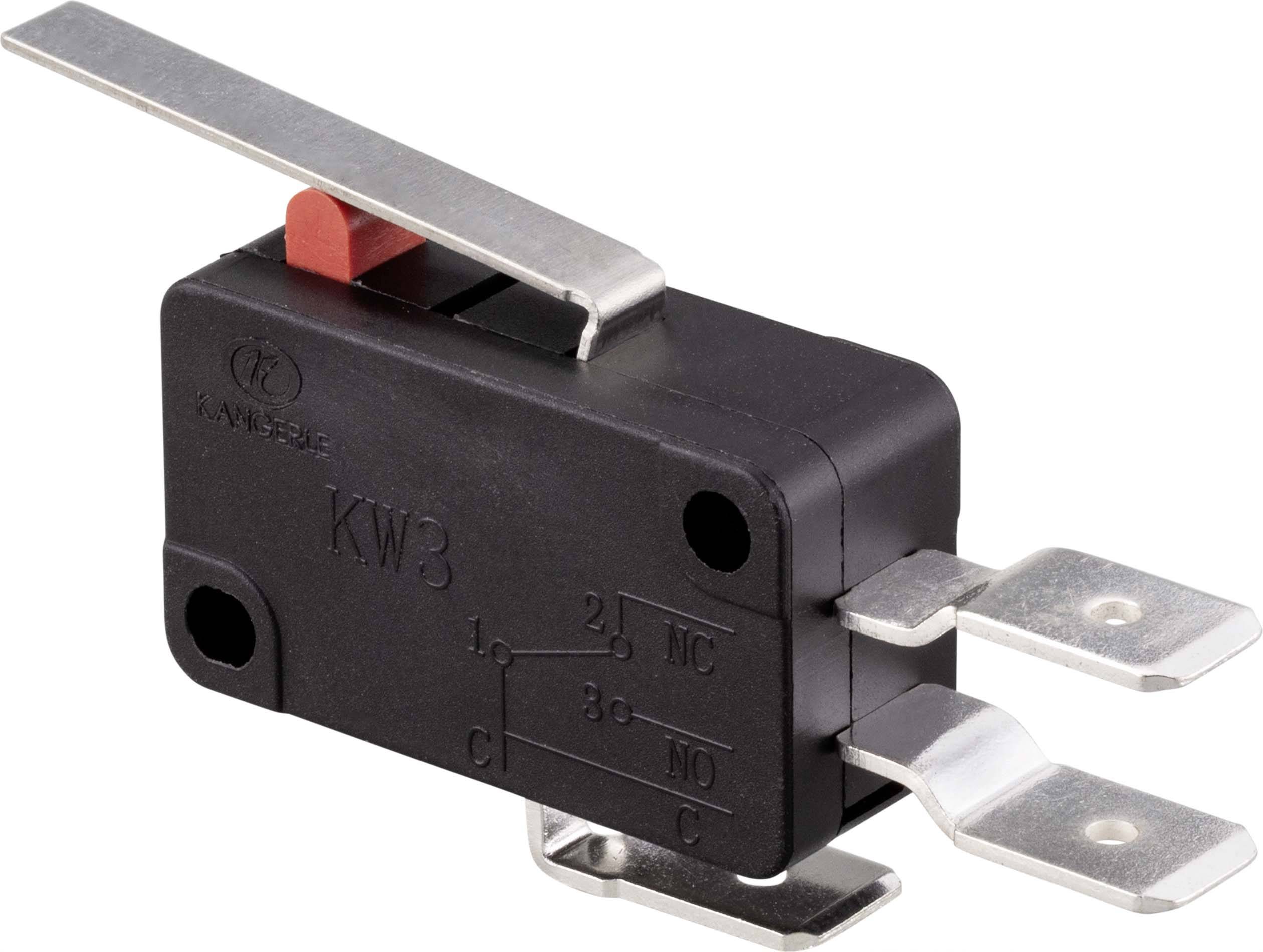 Een zwarte microschakelaar met een metalen hefboom en drie aansluitingen die gemarkeerd zijn met C, NO en NC.