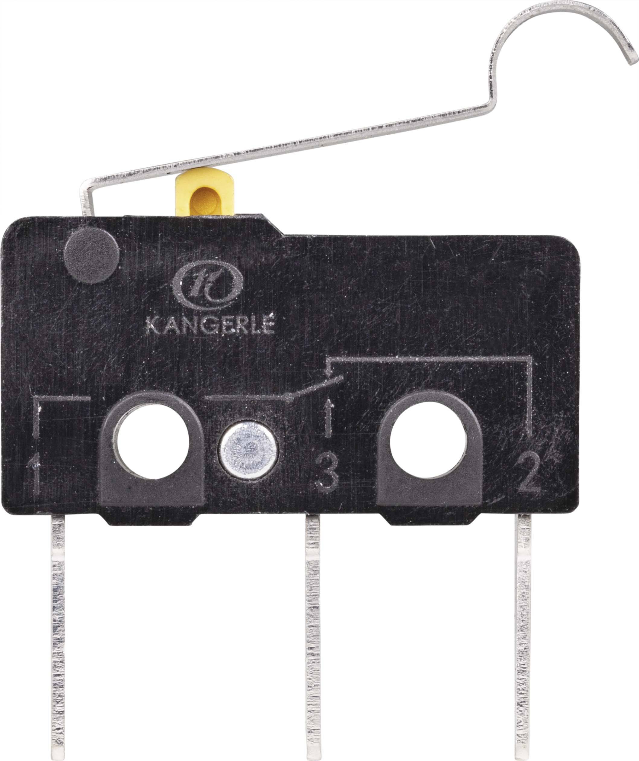 Zwarte microswitch met metalen arm, drie zilveren contacten met de opdruk 'Kangerle'.
