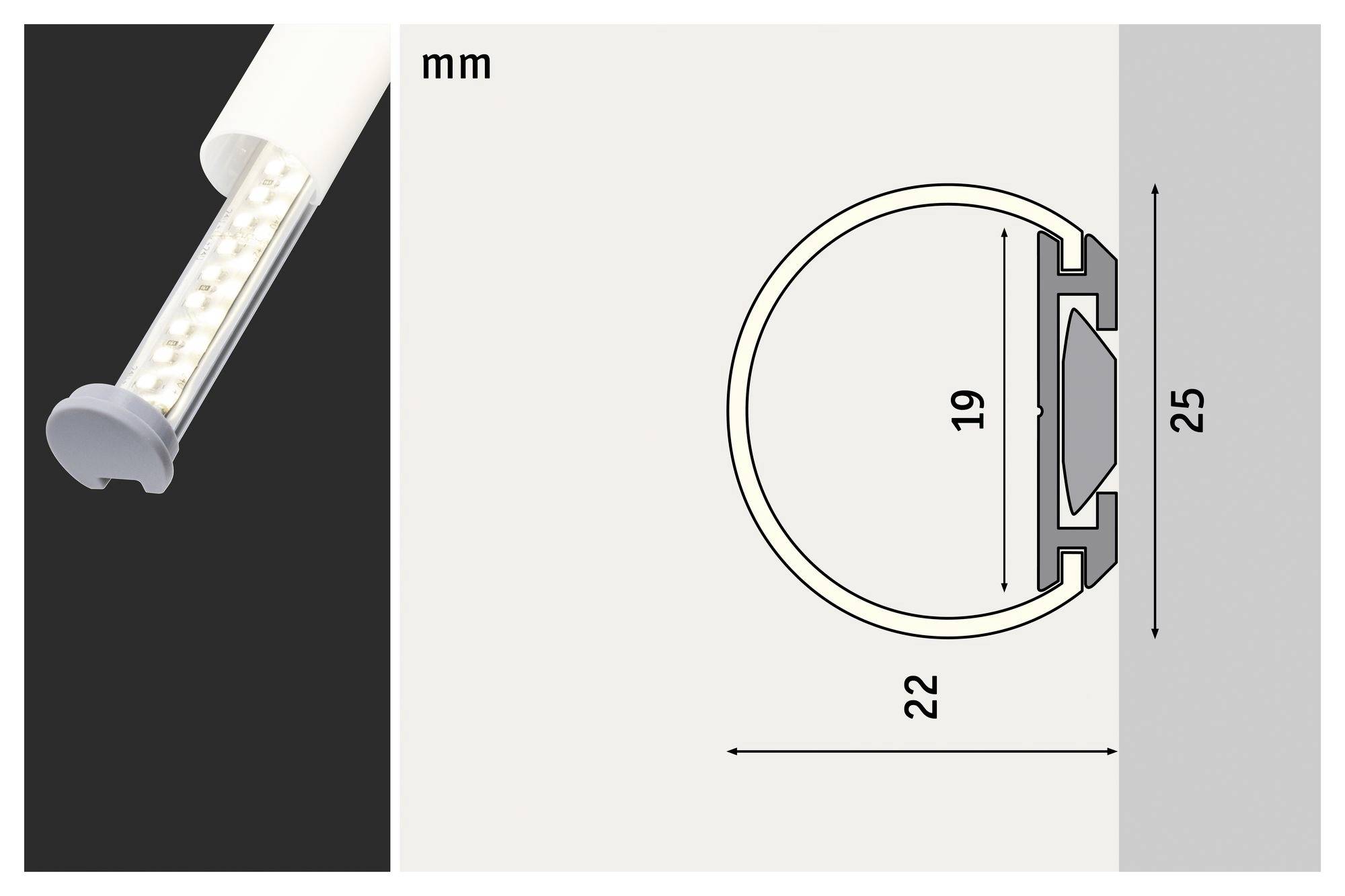 Doorsnede van een LED-strip met afmetingen. Links: strip met LED's; rechts: diagram toont profiel en afmetingen: 22 mm breedte, 25 mm hoogte.