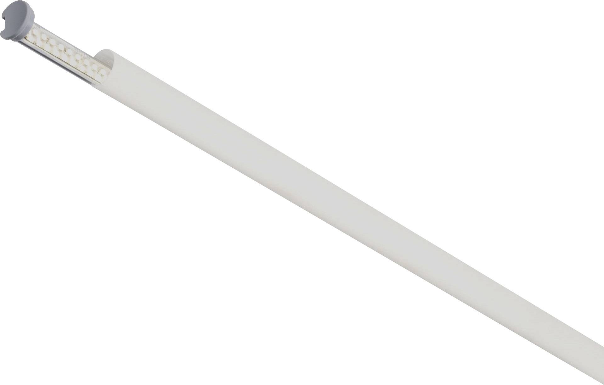 Een lange, witte kunststof staaf met een rij LED-lampjes aan het ene uiteinde.