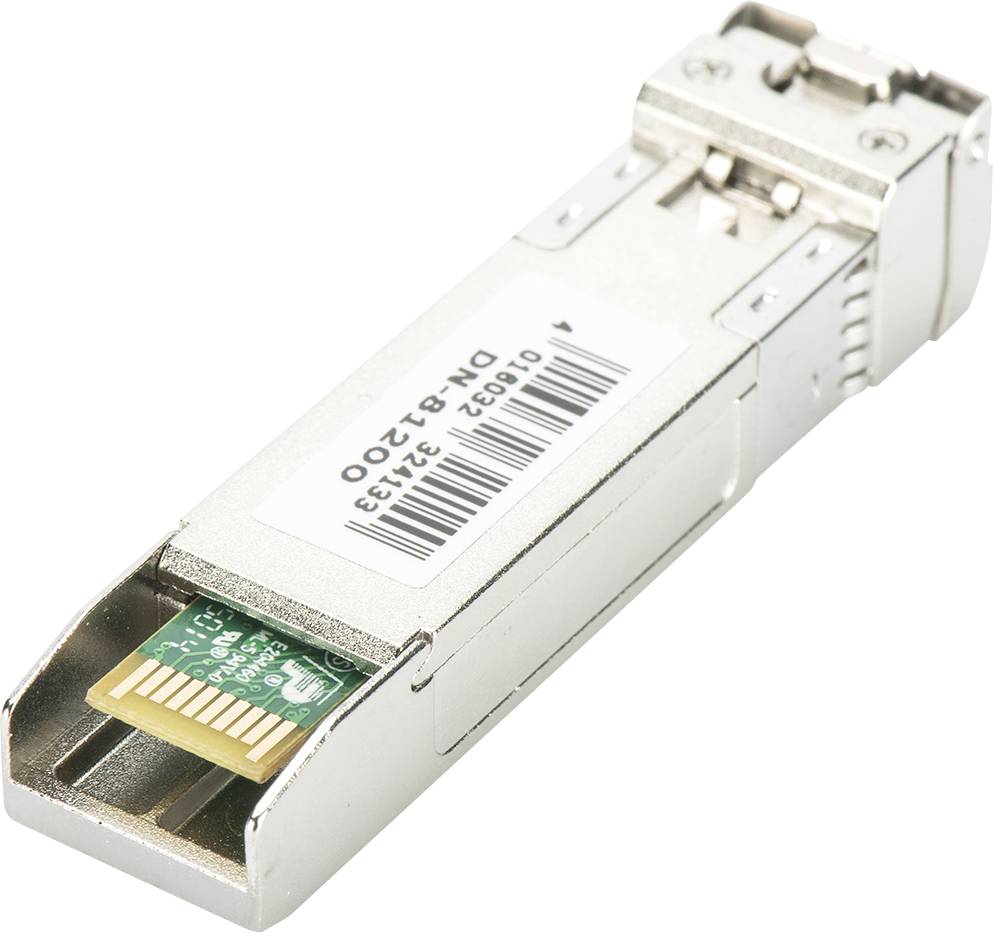 Een metalen module met een connectoren en een kleine groene printplaat, waarschijnlijk een optische transceiver-module.