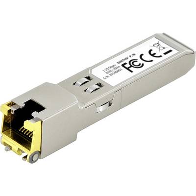 Een SFP-module met CE- en FCC-markering. Het is een klein rechthoekig apparaat met een RJ-45-aansluiting voor netwerkverbindingen.