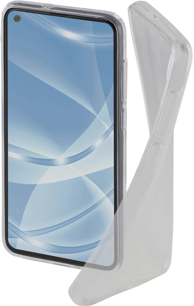 Smartphone met een transparante siliconen hoes, het scherm toont een geometrisch blauw-wit patroon. Hoes licht gebogen.