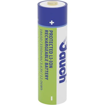 Een oplaadbare lithium-ion batterij met blauwe en groene opdruk, capaciteit: 3350mAh, spanning: 3,7V.
