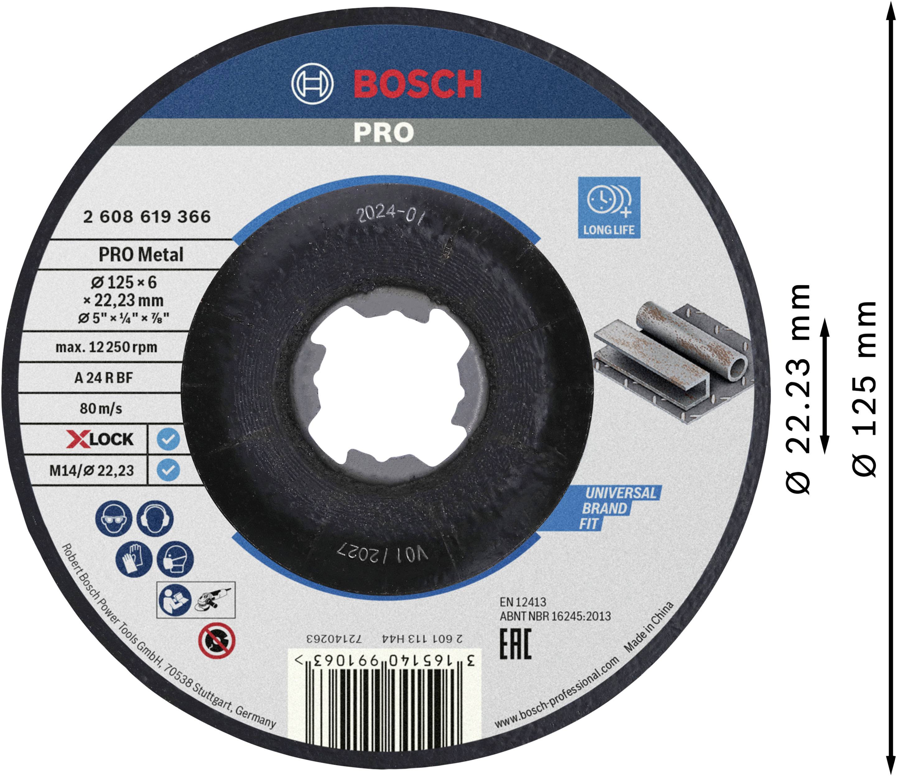 'Bosch PRO Metal' doorslijpschijf voor metaal, diameter 125 mm, dikte 1 mm, met X-LOCK snelwisselsysteem en 80 m/s snelheid.