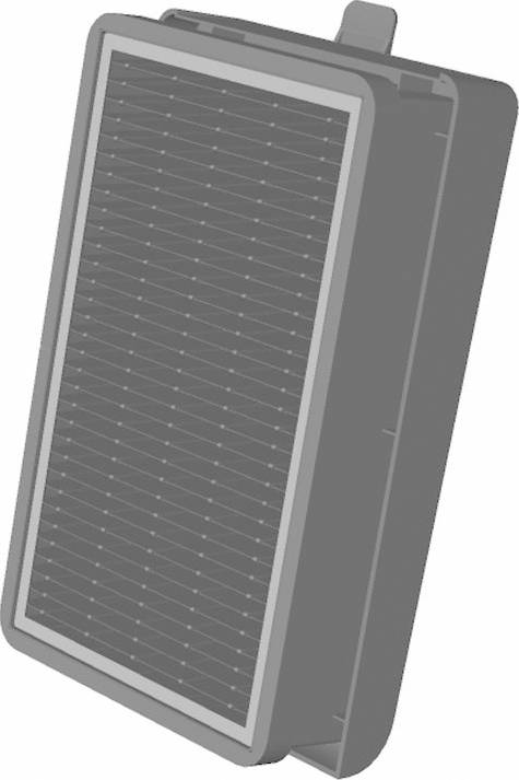 '3D-model van een rechthoekig filter met een geribbeld rasterpatroon op de voorkant en een lip die op de bovenkant is aangebracht.'