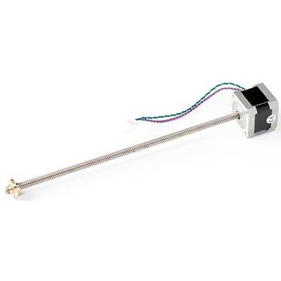 Stappenmotor met lange schroefdraadstang, koperen moer en meerkleurige kabel, voor positionering en aandrijving in machine-toepassingen.