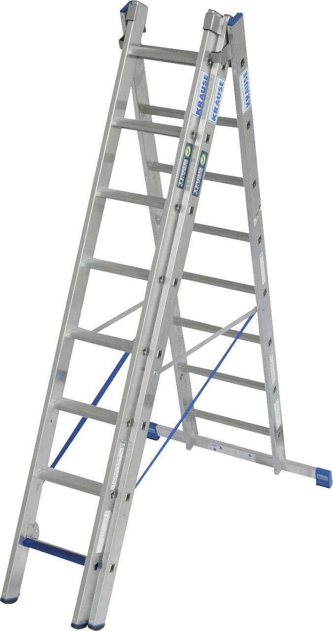 Een uitschuifbare aluminium ladder, rechtop gezet in A-vorm, met blauwe antisliplatreden en stabiliserende dwarsbalken.