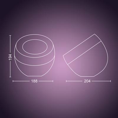 Technische tekening: Vooraanzicht en zijaanzicht van een halverwege bolvormige schaal met deksel. Afmetingen: Hoogte 194, Breedte 188, Diepte 204.