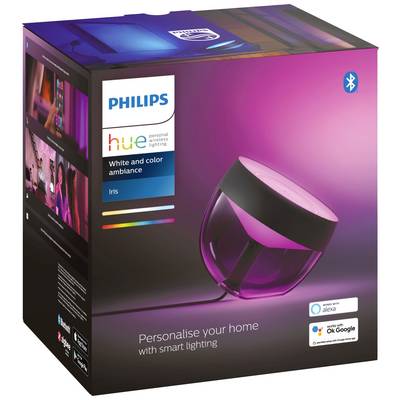 Verpakking van de Philips Hue Iris Lamp, toont de lamp met roze licht. Ondersteunt Alexa en Google Assistant.