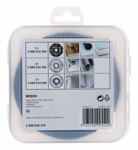 Een ronde zaagbladset van Bosch in een plastic verpakking. Bevat drie onderdelen met afbeeldingsinstructies voor gebruik en waarschuwingen.