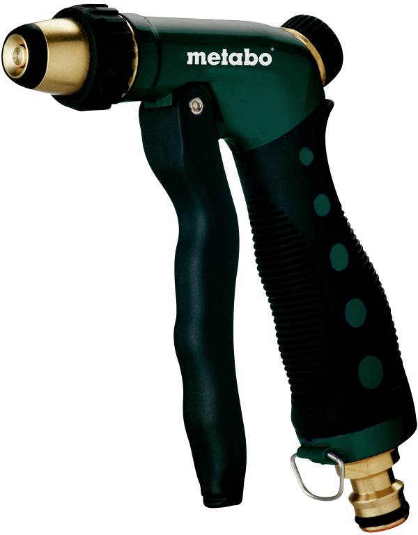 Een donkergroene Metabo-tuinslangsproeikop met ergonomische handgreep, messing-gekleurde aansluitingen en zwarte rubberen coating.