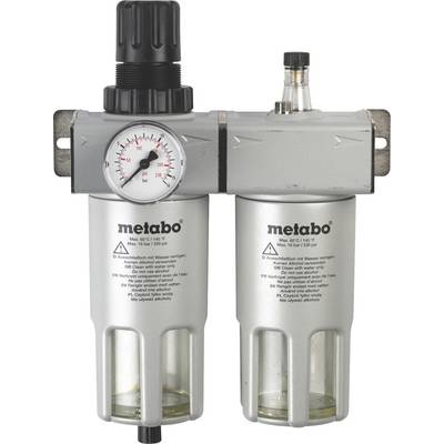 'Perslucht-onderhoudsunit met manometer en twee filters, gemerkt met "metabo" voor het bewaken en onderhouden van pneumatische gereedschappen.'