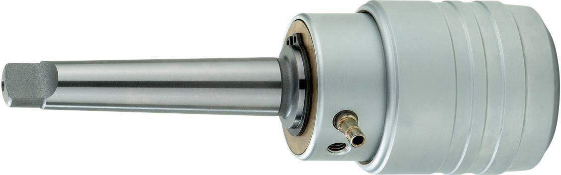 Een metalen gereedschap met een cilindrische behuizing en een lange, slanke uitlegger, gebruikt voor industriële bewerkingen.