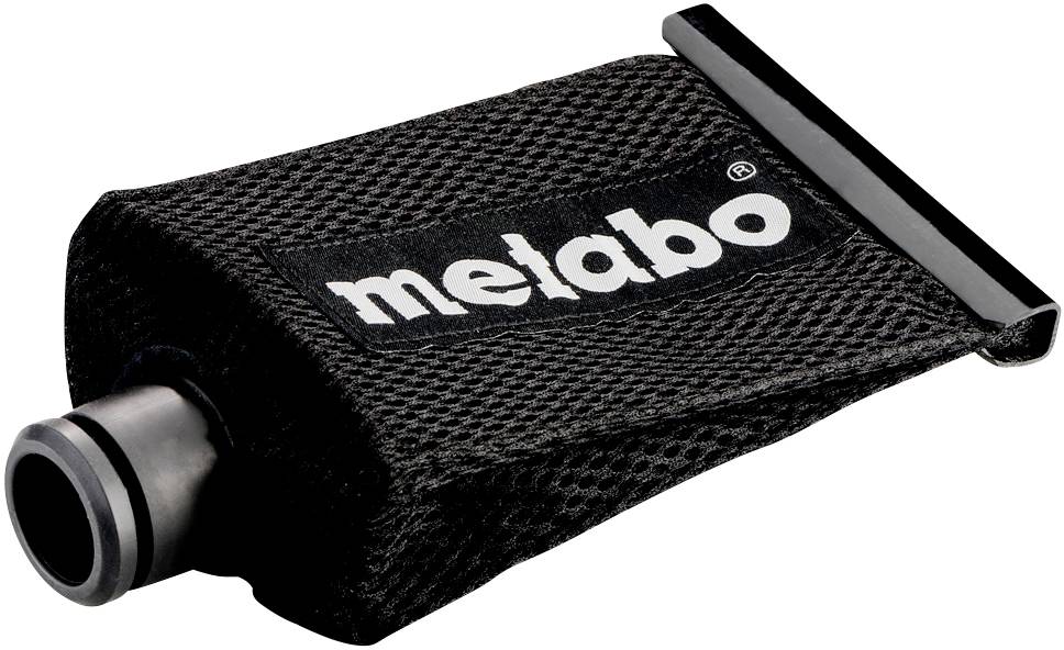 Zwarte stofzak met het witte 'metabo' logo. Bevestigingselementen en aansluiting voor gereedschappen zichtbaar.