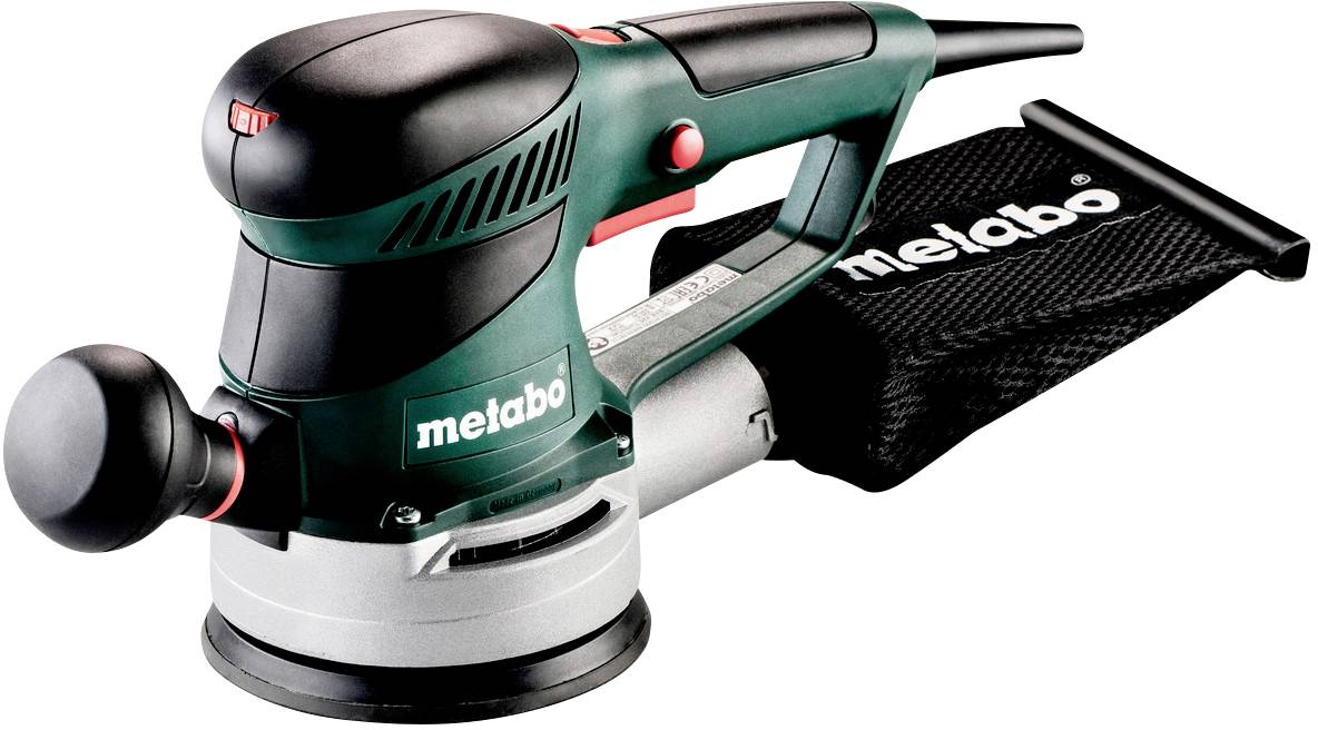 Een groene en zwarte elektrische slijpmachine van het merk 'Metabo' met stofzak, op een lichte achtergrond.