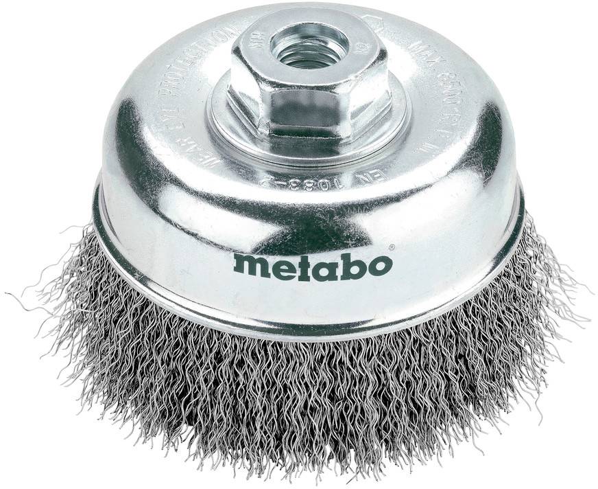 Metabo draadstaalborstels met schroefdraad metalen centrum voor een slijper, weergegeven op een witte achtergrond.