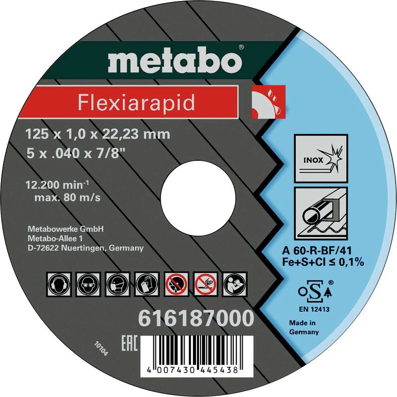 Een Metabo doorslijpschijf met de aanduiding 'Flexiarapid'. Diameter: 125 mm, dikte: 1,0 mm. Snelheid: max. 80 m/s.