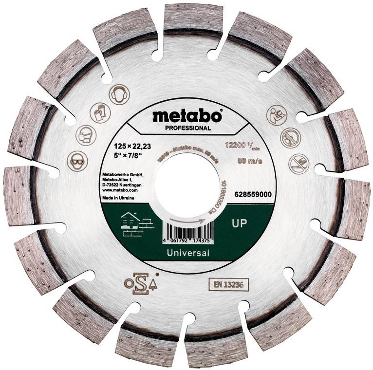 Metabo Professional gesegmenteerde diamantzaagblad gelabeld 'Universeel' met grootte- en snelheidsspecificaties op de centrale naaf.