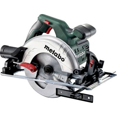 Metabo accukunstcirkelzaag met zilveren zaagblad, zwart handvat en verstelbare basisplaat op een witte achtergrond.