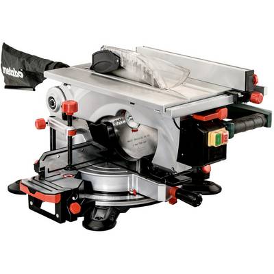 Een compacte Metabo schuifvergakerszaag met een cirkelzaagblad, verstelbaar zaaghaag, spanklem en stofzak.