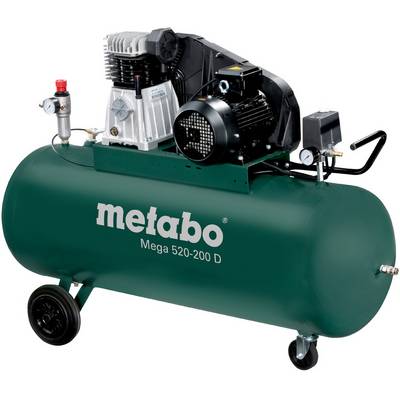 Draagbare Metabo luchtcompressor op een verrijdbare groene tank, aangeduid als 'metabo Mega 520-200 D'.