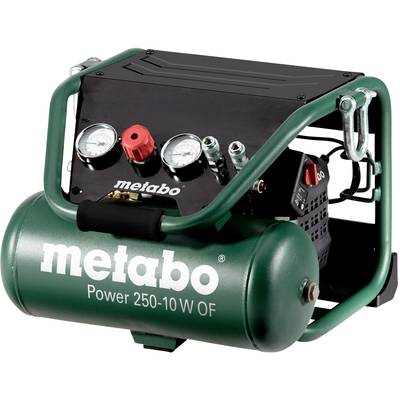 Een draagbare groene compressor met twee drukindicatoren en rode ventielen, gemarkeerd met 'metabo Power 250-10 W OF'.