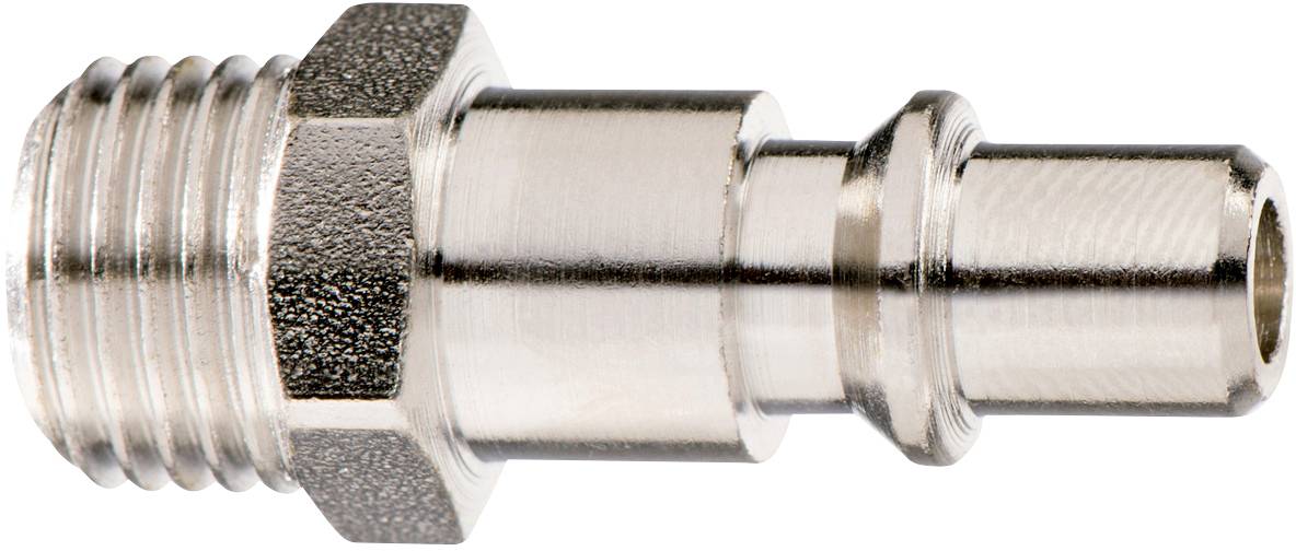 Metalen pneumatische stekker met schroefdraad en gladde koppelingszijde; gebruikt voor het verbinden van persluchtinstallaties.