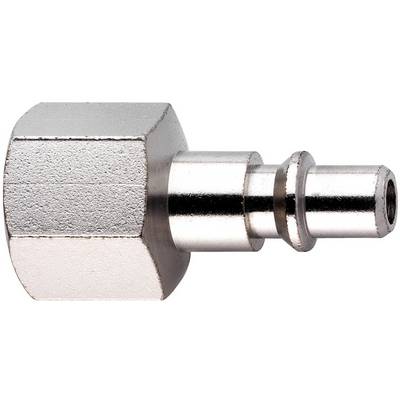 Metalen zeskantige fitting met een glanzende cilindrische slangaansluiting op een witte achtergrond.
