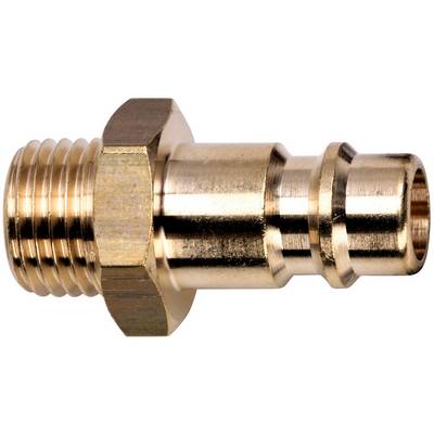 Messing mannelijke pneumatische snelkoppeling met schroefdraad-uiteinde en zeskantmoer, weergegeven op witte achtergrond.