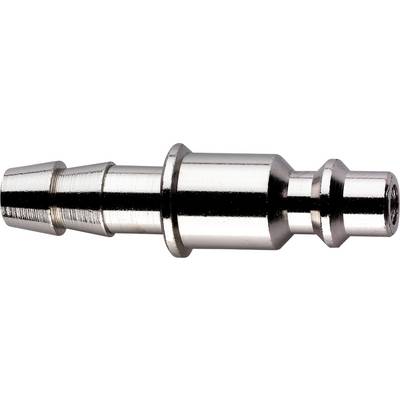 Close-up van een metalen cilindrische connectorfitting met getrapte ribben en schroefdraadeinde, weergegeven op een witte achtergrond.