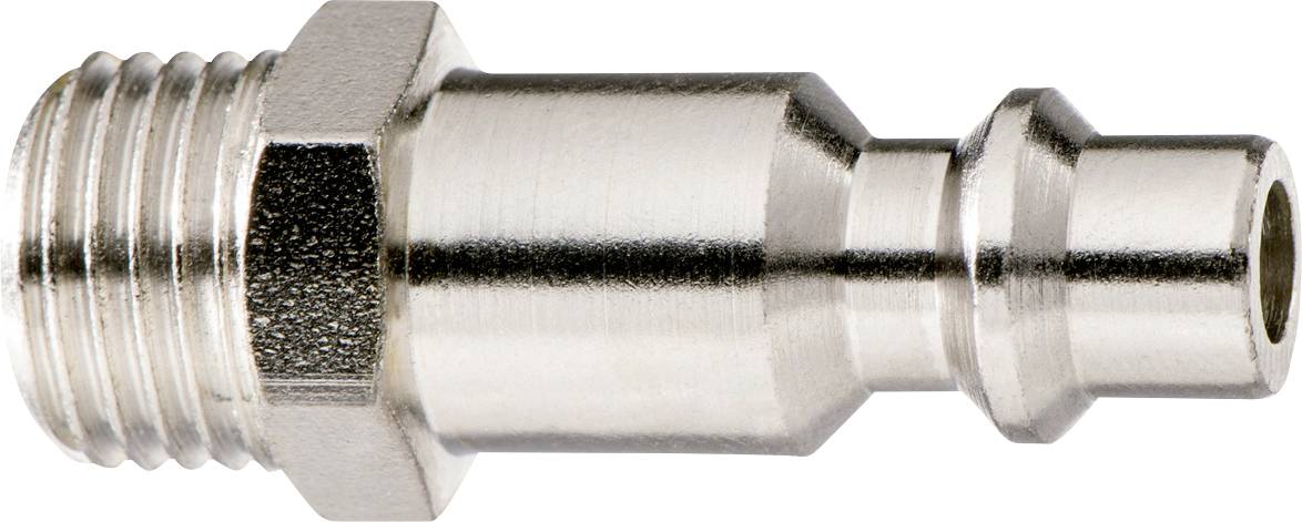 Metalen pneumatische snelkoppeling met schroefdraadend op witte achtergrond.