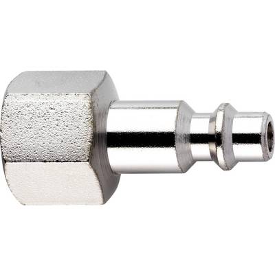 Vergroting van een metalen zeskantpassstuk of slangverbinder met een gepolijst cilindrisch uiteinde op een witte achtergrond.