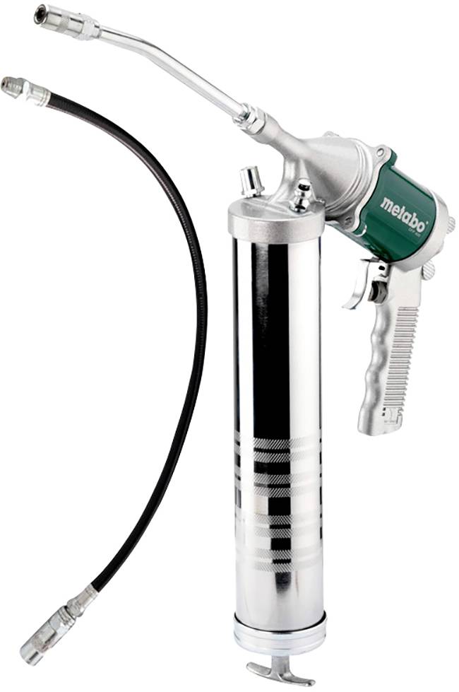 Handvetpers van Metabo met flexibele slang en trekkergreep, geschikt voor het nauwkeurig aanbrengen van smeermiddelen in industriële toepassingen.