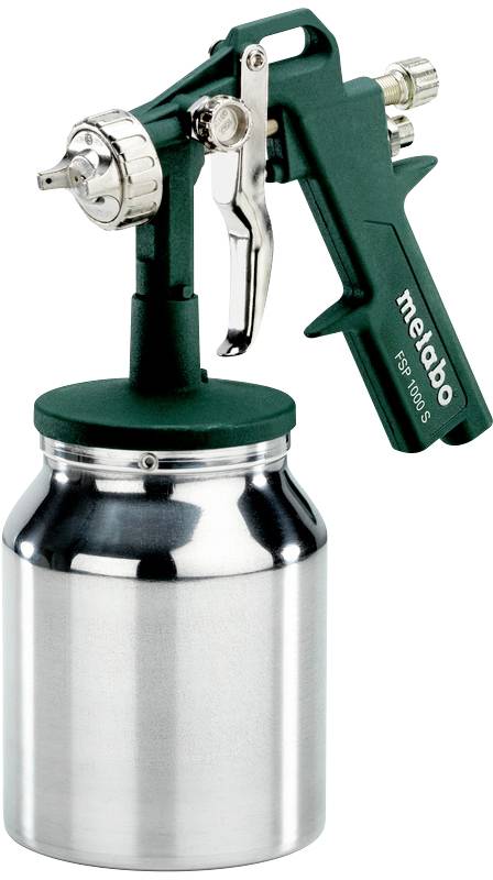 'Groene verfspuitpistool met metalen tank, geschikt voor nauwkeurige verfwerkzaamheden.'