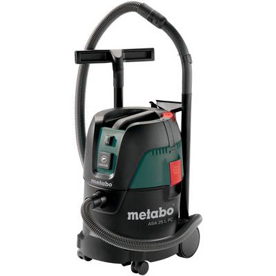 Draagbare Metabo stofzuiger met slang, handvat en wielen op een witte achtergrond.