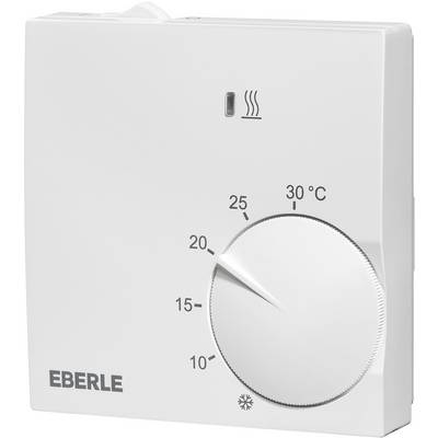 Een witte Eberle-thermostaat toont temperatuurinstellingen van 10°C tot 30°C. De draaiknop staat ongeveer op 20°C.