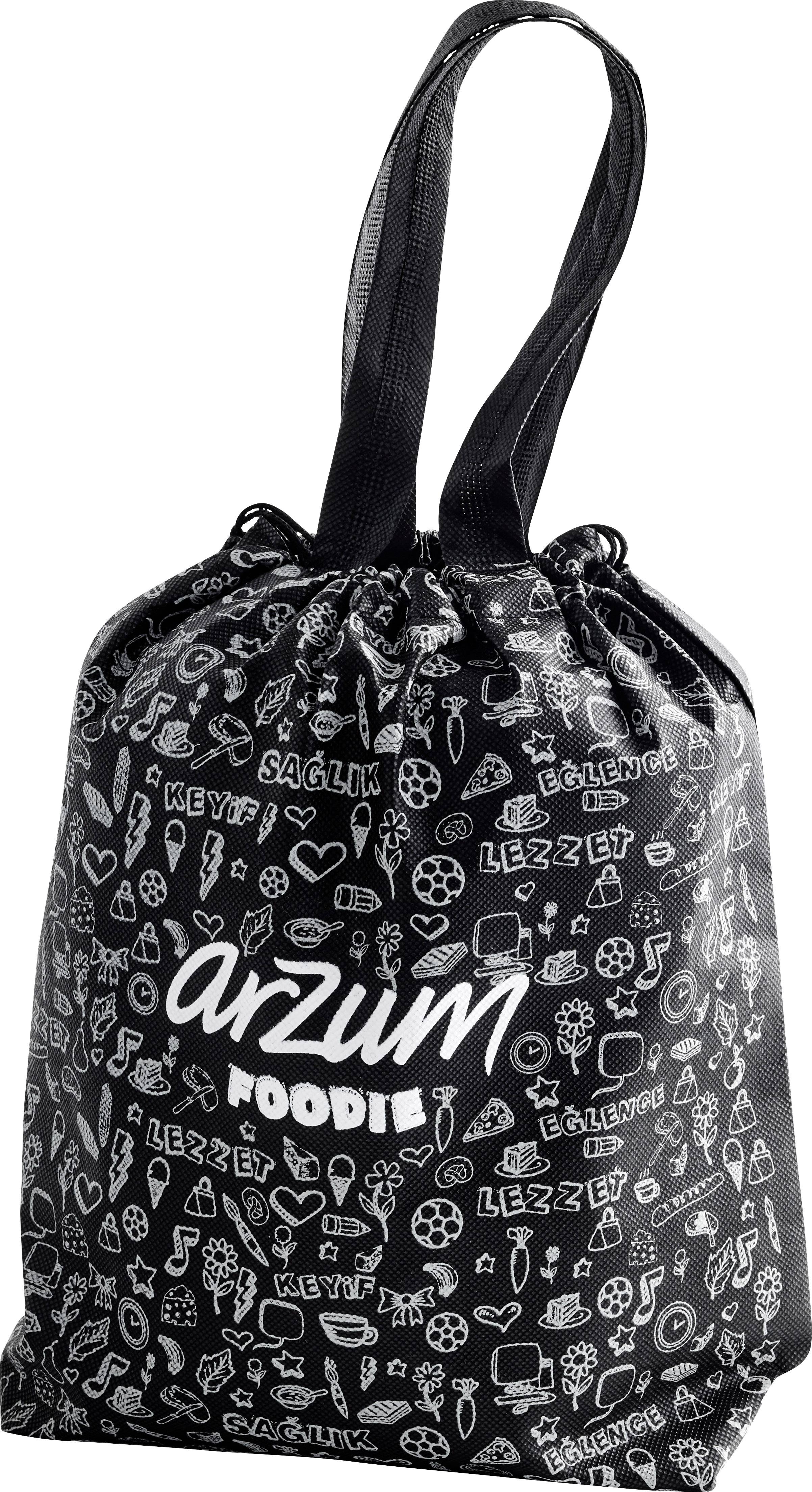 Zwarte tas met witte tekeningen van voedsel en de tekst 'Arzum Foodie'.
