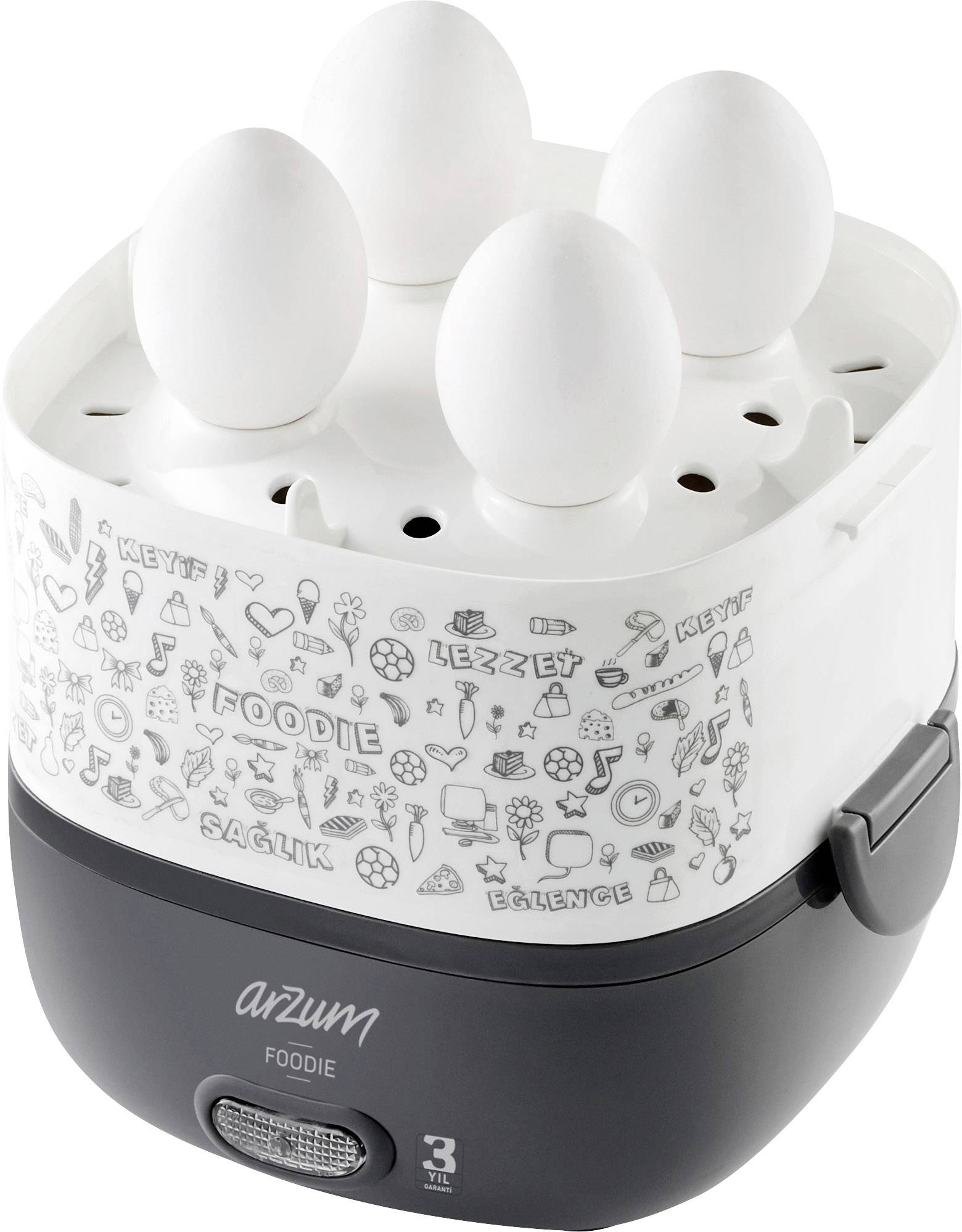 Een eierkoker met ruimte voor vier eieren. De houder heeft een decoratief patroon en het merk 'Arzum Foodie' is zichtbaar.