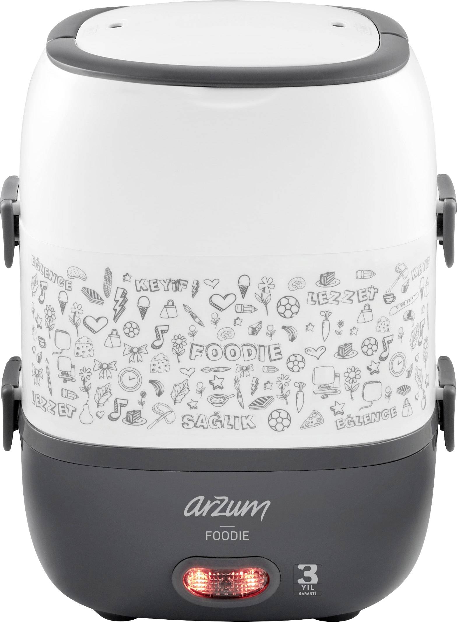 Een compacte elektrische multicooker met het opschrift 'Arzum Foodie', afgebeeld in wit en grijs, met decoratieve symbolen.