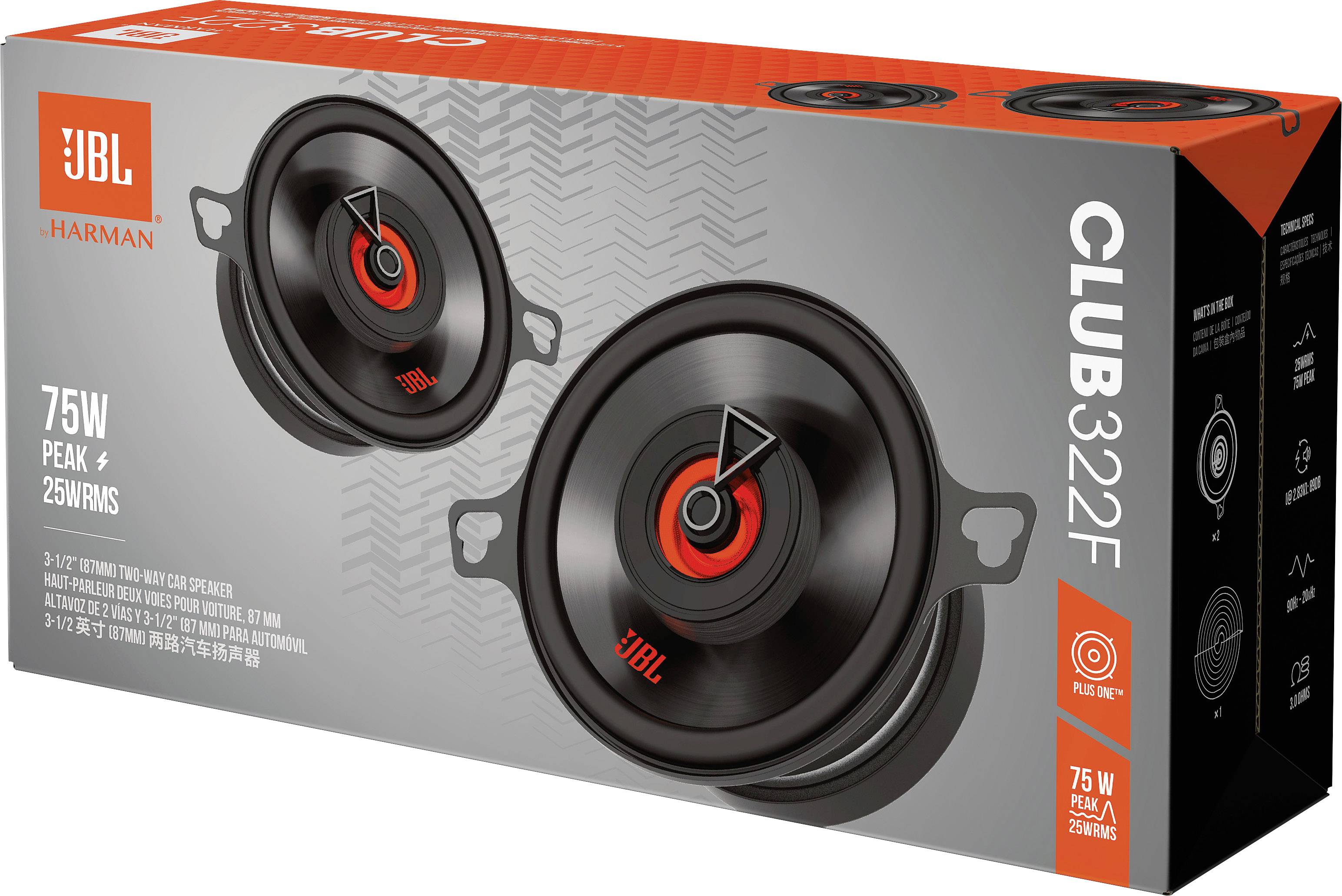 Een JBL-luidsprekerdoos met het opschrift: '75W Piek, 25W RMS'. Bevat afbeeldingen en technische specificaties van het model CLUB 322F.