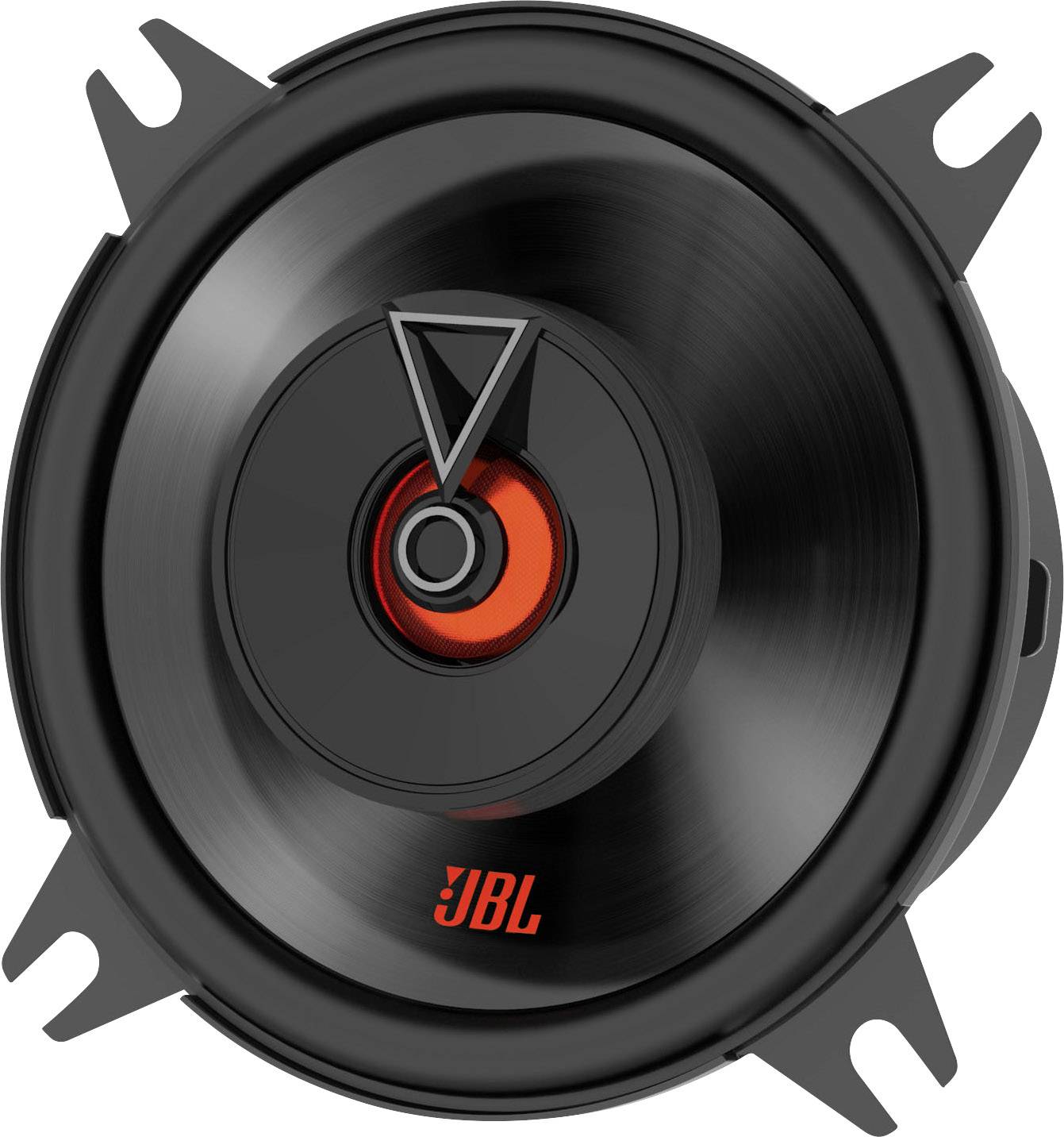 Ronde luidspreker met zwart rooster en rood detail in het midden, vier bevestigingspunten en 'JBL'-logo onderaan.