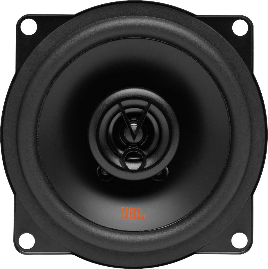Ronde, zwarte luidspreker met een rood JBL-logo in het midden. Geschikt voor weergave van muziek in hoge kwaliteit.
